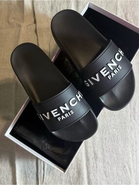 Givenchy Black Slide Sandals with White Logo | Size 6
